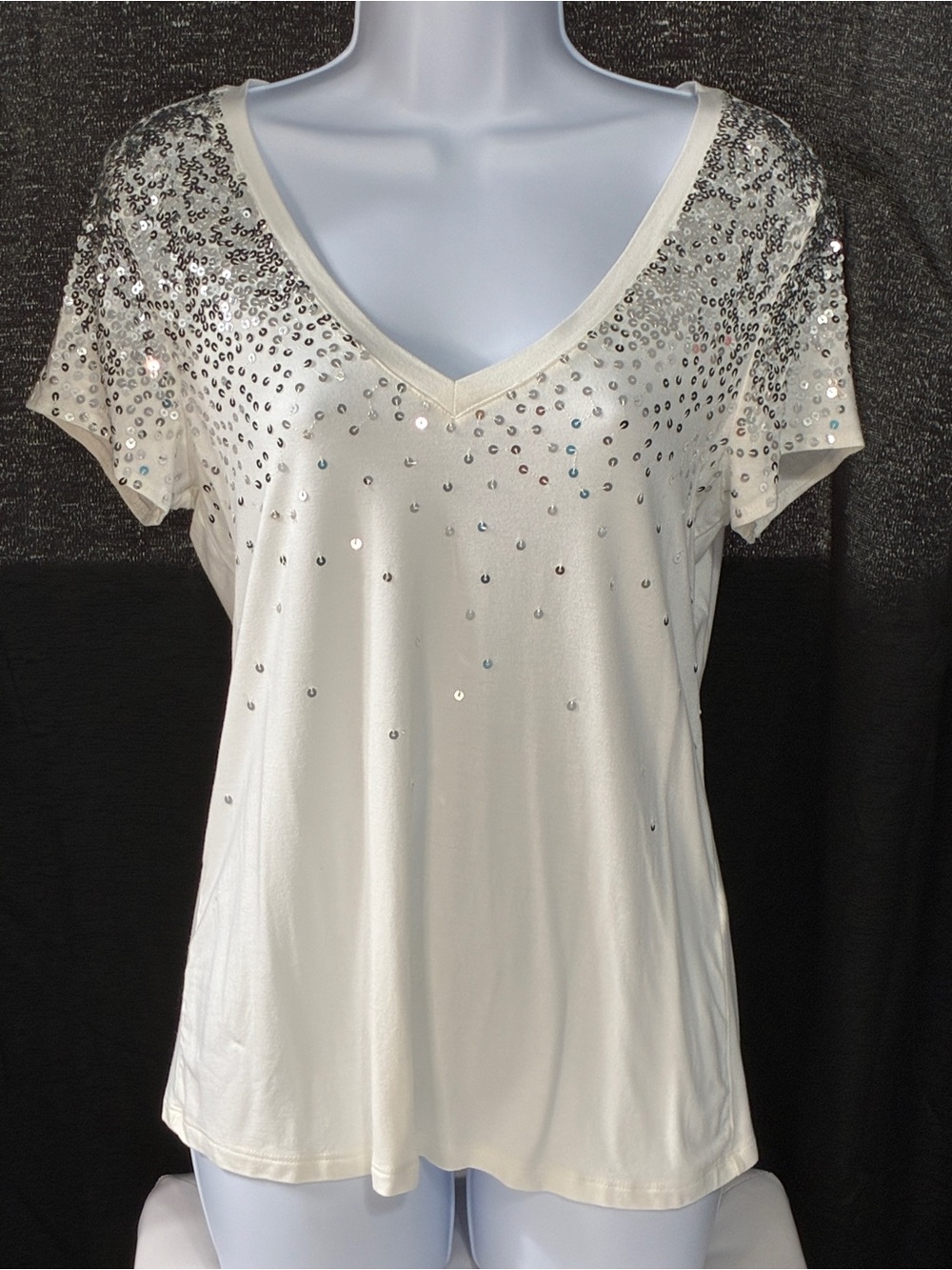 INC International Concepts White Sequin V-Neck Short Sleeve Top